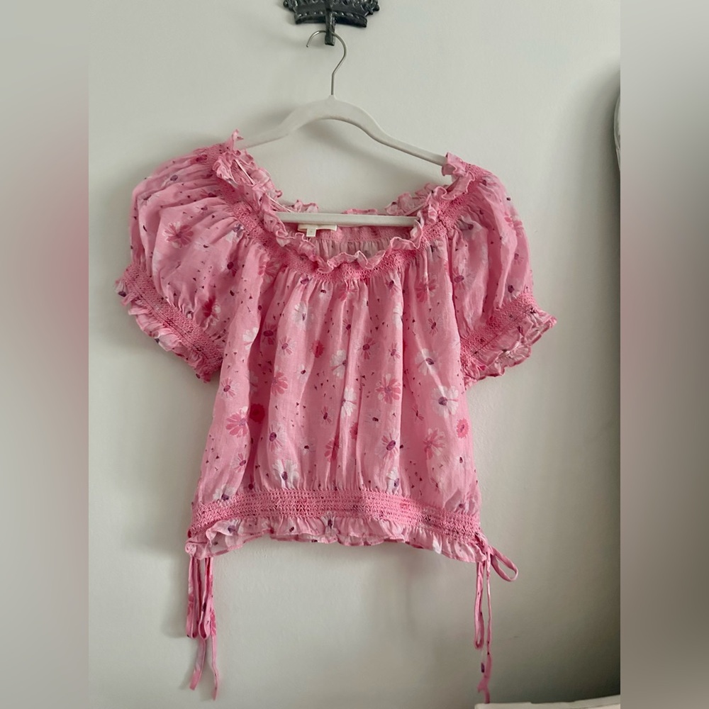 LOVESHACKFANCY Floral Off the Shoulder Crop Top in Coral Pink